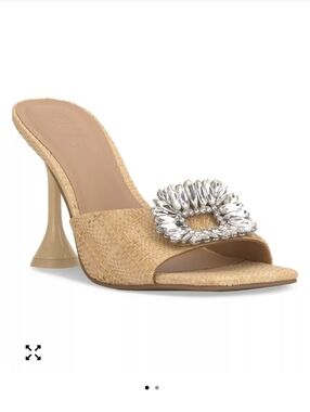 INC International Brieana Woven Natural Slide Sandals with Silver Crystal Buckle